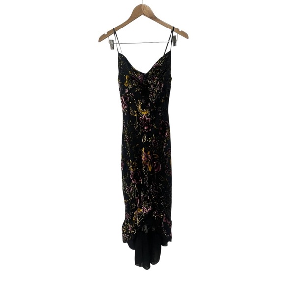 Betsey Johnson Burnout Velvet Black Floral Midi Slip Dress High Low Ruffle Hem 4 - Picture 2 of 11